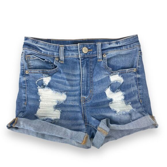 AERO Distressed Denim Shorts High‎ Rise Cuffed Hem Blue Wash Size 4 - Picture 1 of 9